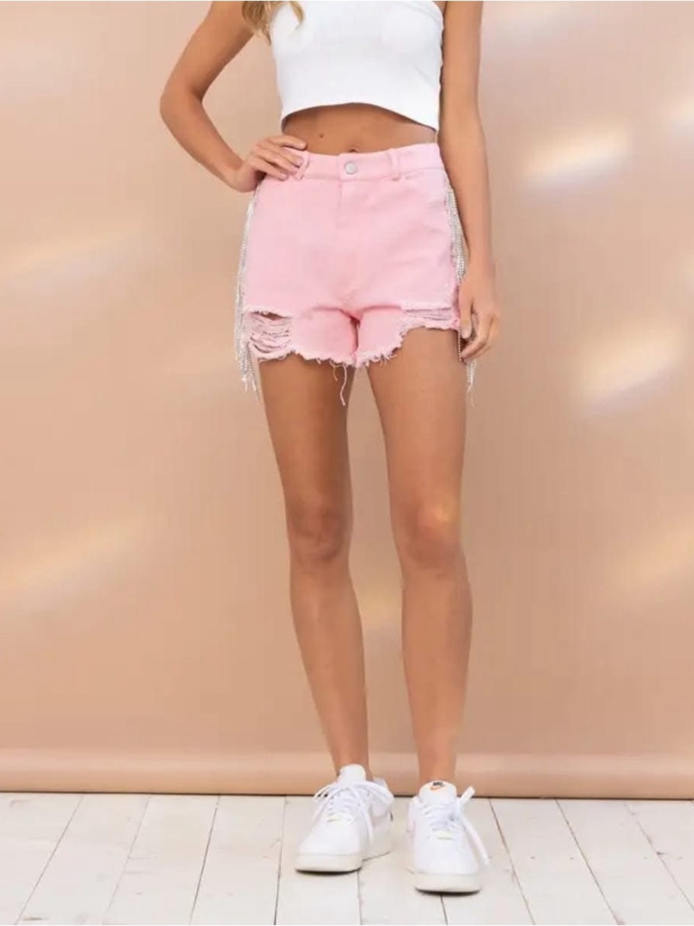 Women's Pink Distressed Denim Shorts with Side Chain Trim